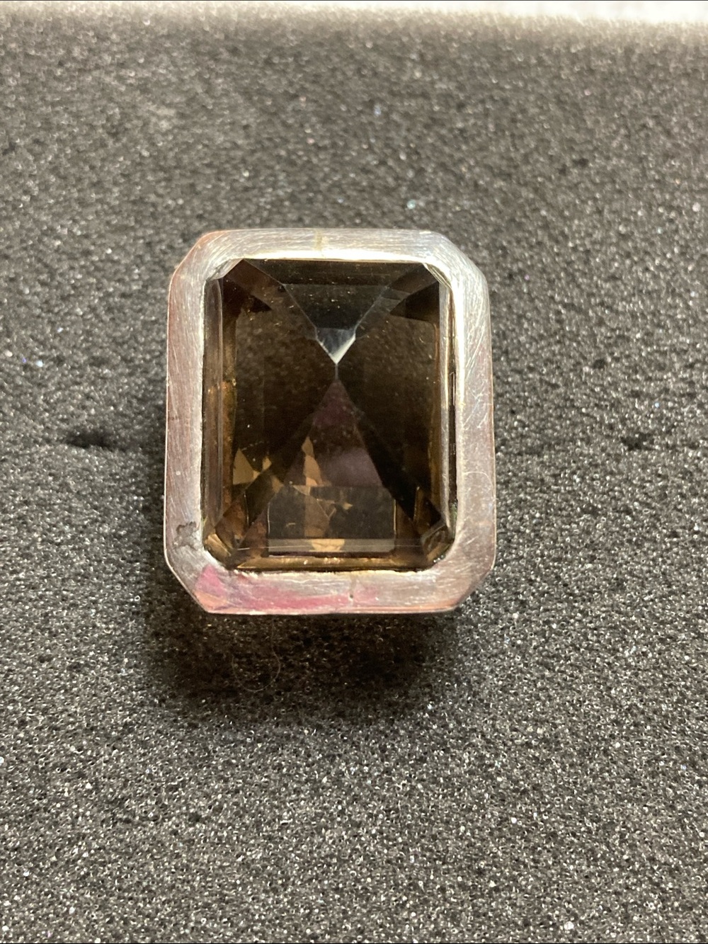 Smoky Quartz-Style Rectangular Statement Ring - Silver Tone